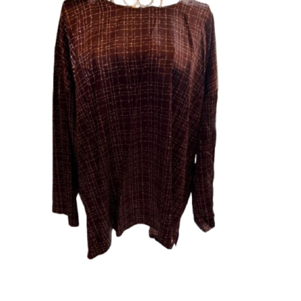 Eileen Fisher Brown Checked Long-Sleeve Silk Blouse